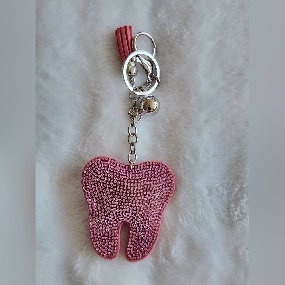 Pink Rhinestone Tooth Keychain Bag Charm